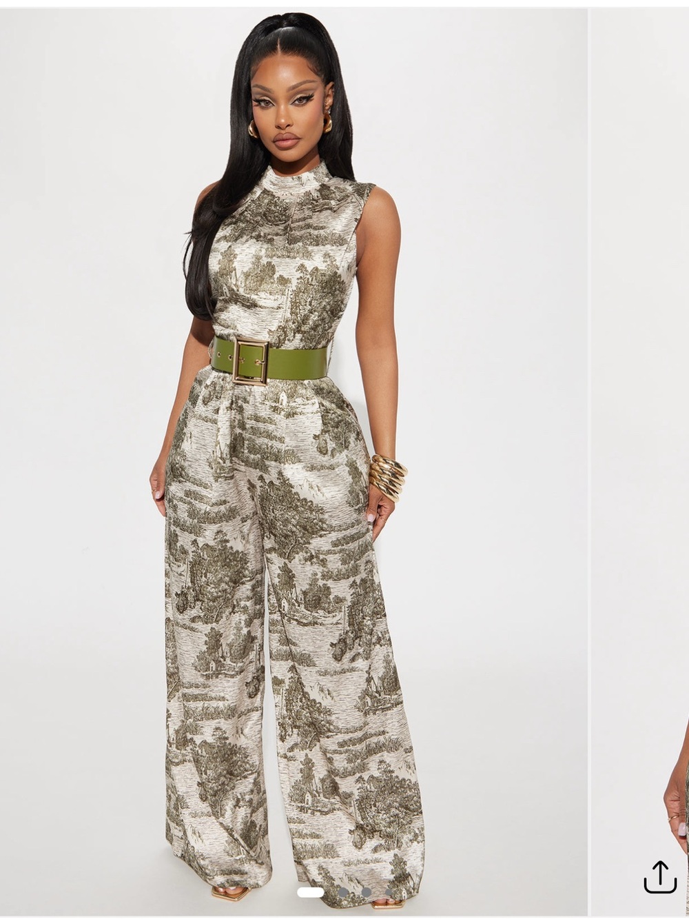 Fashion Nova Olive & Cream Toile High-Neck Wide-Leg Jumpsuit